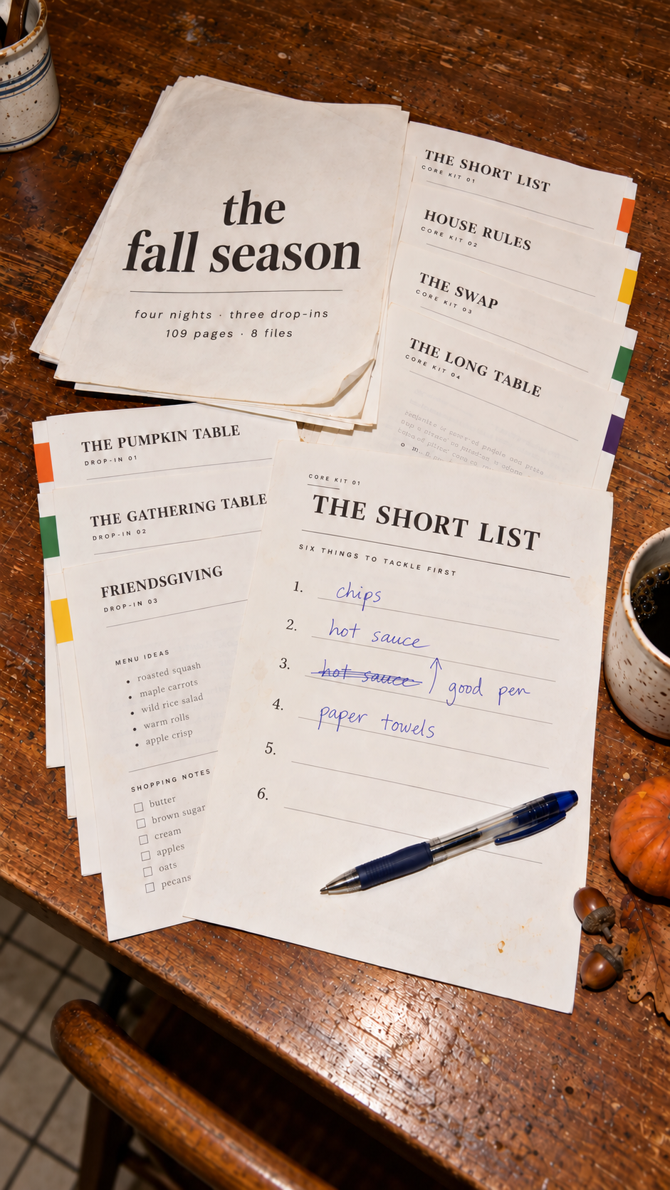 Fall season packet — four nights, three drop-ins, laid out on a table