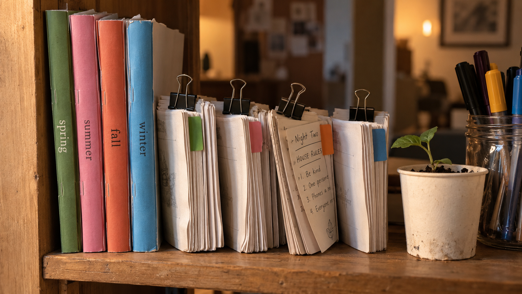 Four season kits — spring, summer, fall and winter — lined up on a wooden shelf with clipped paper nights, a seedling cup and a jar of pens