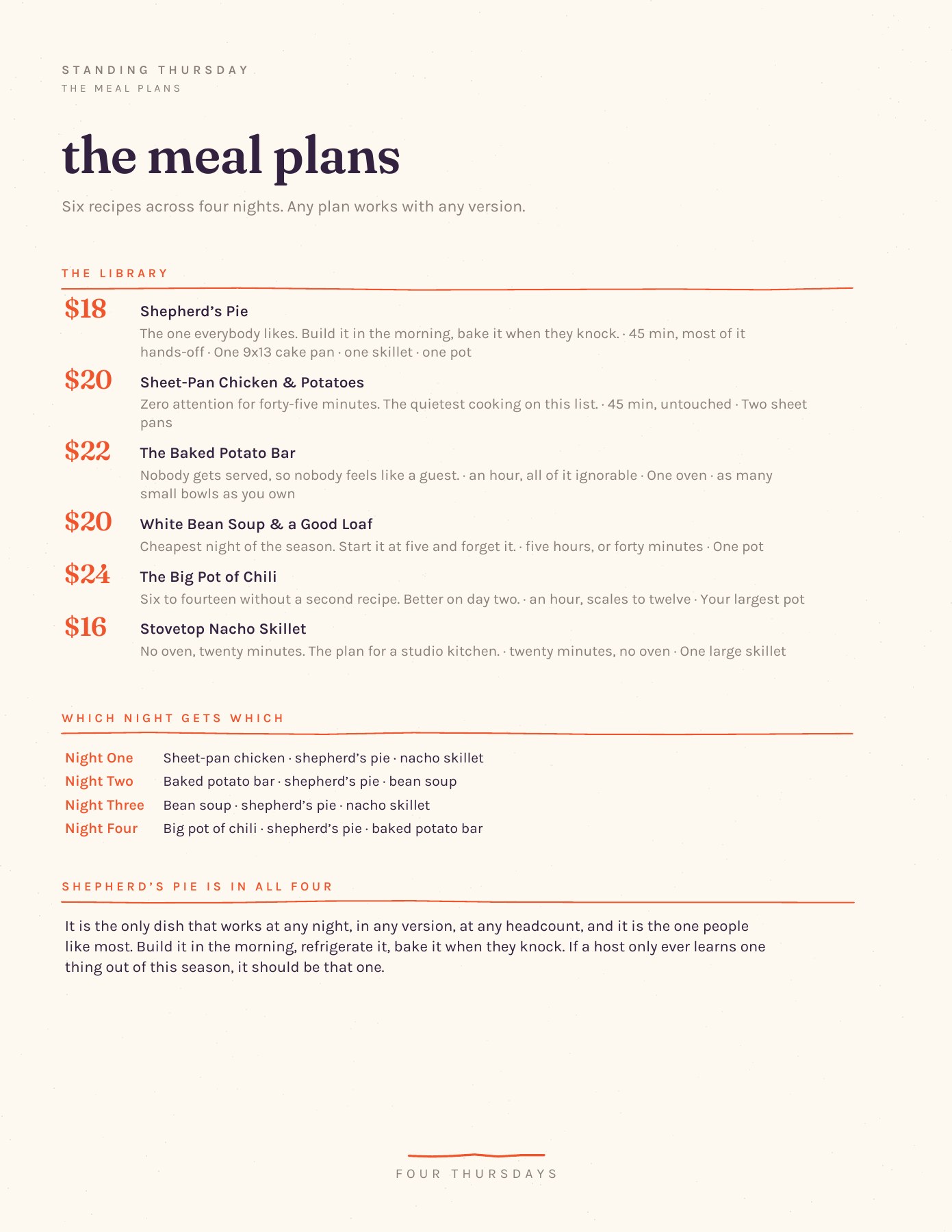 Standing Thursday Fall Season, page 4: The meal plans
